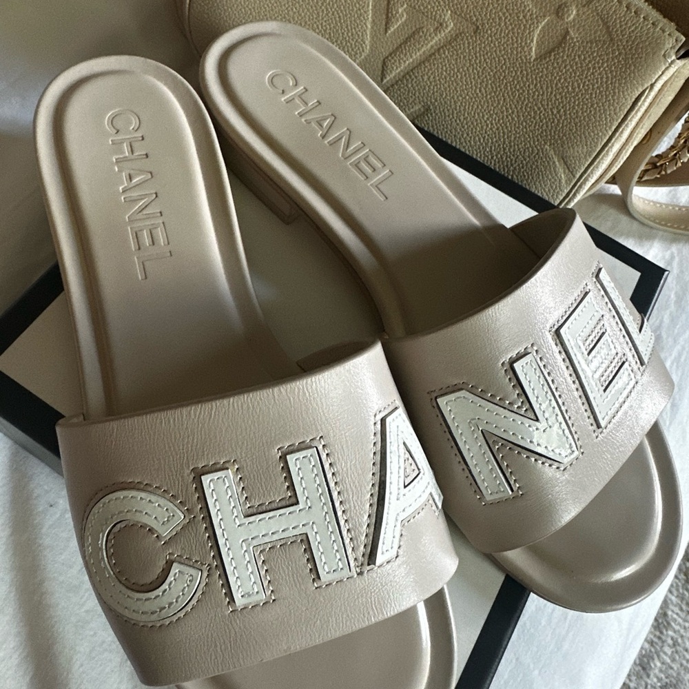 CHANEL Women's Taupe Slide Sandals